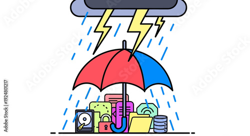 Umbrella protecting electronics, money, and accessories from rain and lightning storm