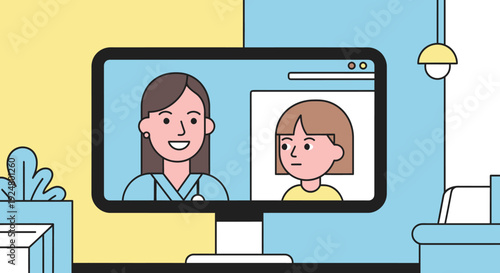 Woman video chatting with child on computer in a cozy home office setting view