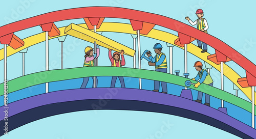Workers construct vibrant multicolored bridge structure with various equipment and tools from elevated viewpoints