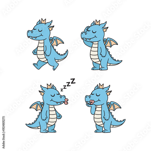 Cute cartoon blue dragon sleeping and yawning with copy space