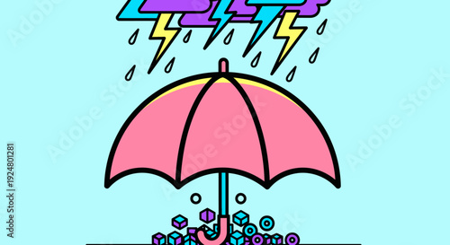 A vibrant pink umbrella shields from rain and lightning storm outdoors on a stormy day