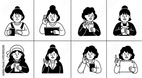 Set of eight diverse women illustrations in casual and professional attire.