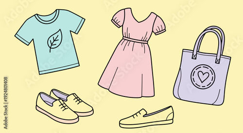 Illustration of casual clothing and accessories including t-shirt dress shoes and handbag on a soft background