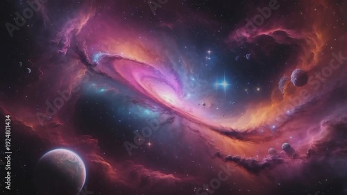 A stunning cosmic spectacle, combining elements of a spiral galaxy with a colorful nebula. At its center, a bright center of light is surrounded by swirls of pink, purple, and golden-orange interstell