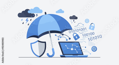 Laptop protected by shield and umbrella from rain with digital security elements