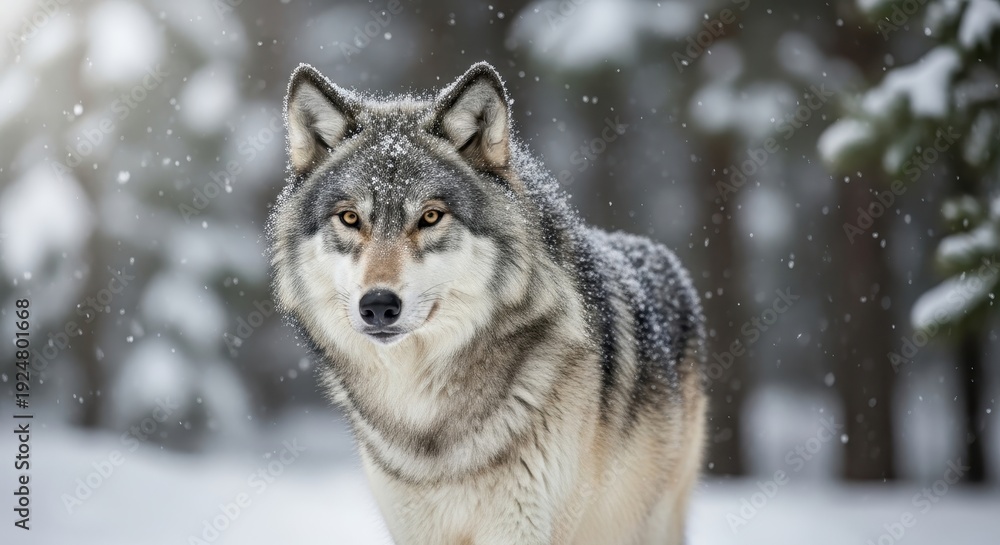 Obraz premium Majestic Wolf Portrait in Winter Wonderland with Snowfall.
