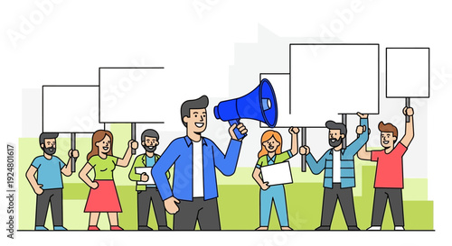 Group of diverse people holding signs and megaphone protesting outdoors together