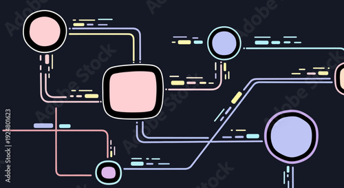 Abstract digital circuit board with pastel colored nodes and connections on dark background