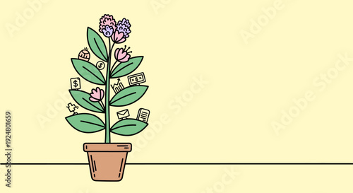 A vibrant potted plant with flowers and money growing amidst green leaves against a pale backdrop from a straightforward viewpoint