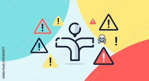 Warning signs surround a stick figure in a colorful environment from a top viewpoint