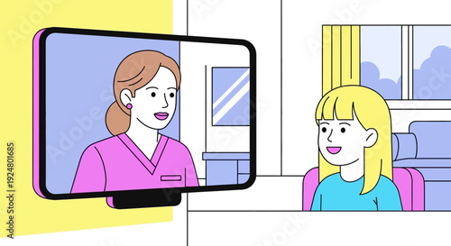 Woman having online consultation with girl in a chair at home