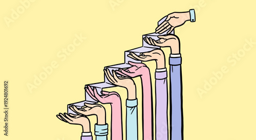 Multiple hands reaching out to help each other in a stair step formation illustration