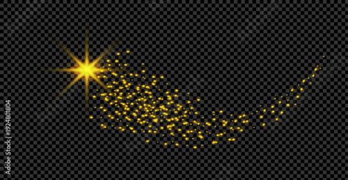 Golden sparkling star trail light effect vector with glowing glitter particles luminous curved streak isolated transparent background magical shine overlay
