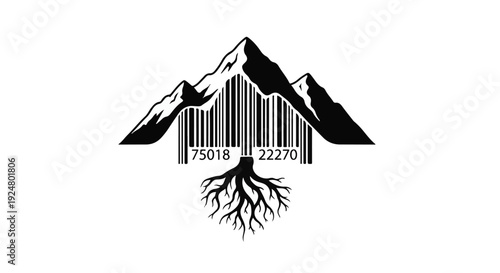 Majestic mountains merge with a barcode and emerging roots, symbolizing nature's connection to commerce.