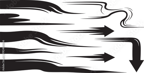 Black arrows moving in different directions quickly on white