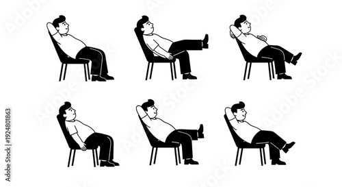 Man relaxing in various comfortable positions, illustrating different ways to unwind and de-stress.