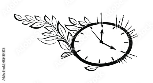 Elegant clock face adorned with delicate leaves, symbolizing time passing and nature's beauty.