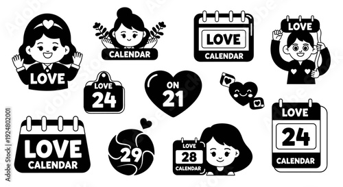 Monochromatic collection of love-themed calendar and character illustrations.