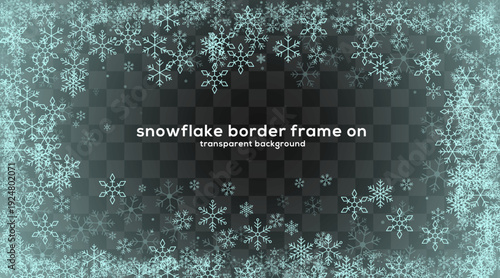 Snowflake border frame transparent background vector illustration with winter frost crystal pattern decorative festive overlay design