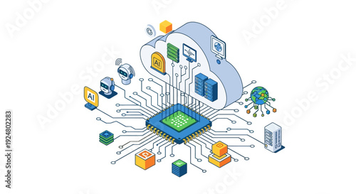 Illustration of interconnected technology artificial intelligence and cloud computing