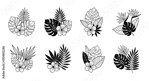 Tropical Leaf and Flower Arrangements in Black and White Outline Illustrations.