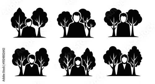 Silhouettes of people standing among trees in various arrangements.