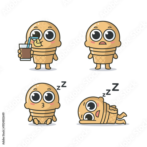 Cute cartoon mummy character feeling tired and sleeping with coffee
