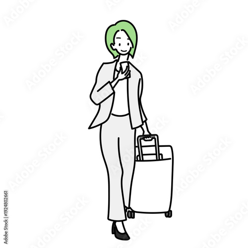 スーツ姿でキャリーバッグを引きながらスマートフォンを操作する女性のイラスト｜出張や旅行の移動中に地図やチケットを確認するビジネスウーマンのベクター素材