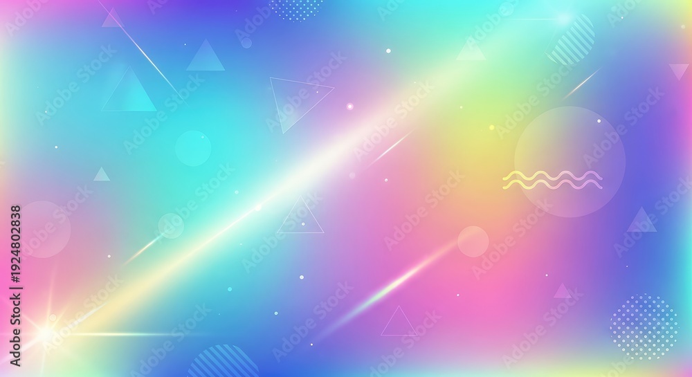 Fototapeta premium Vibrant Iridescent Rainbow Gradient Background with Abstract Geometric Elements and Light Streaks