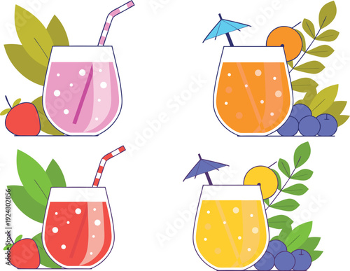 Summer cocktail vector illustration set with colorful fruit drinks and tropical garnishes