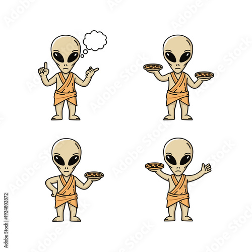 Cartoon alien characters with food in various poses on white background