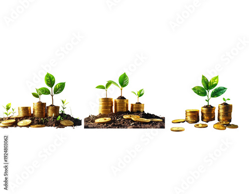 Plant growing from gold coin stacks representing financial growth and investment success concept idea png on transparent background