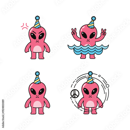 Cartoon alien characters with party hats in various poses on white background