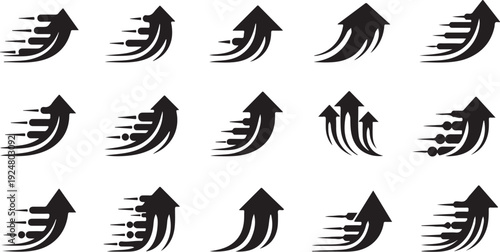 Collection of black arrow icons pointing upwards in motion