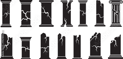 Damaged ancient Greek Roman columns with cracks and breaks