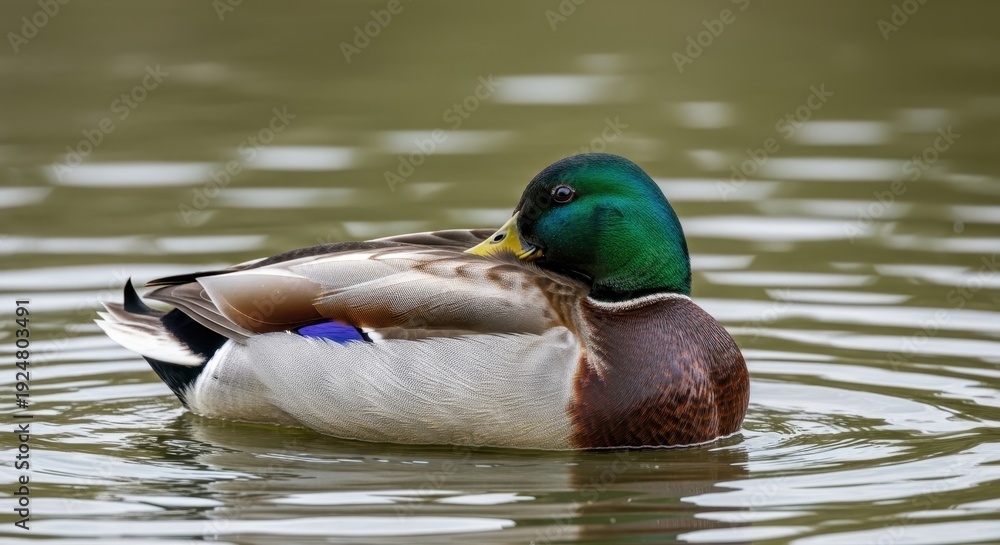 Fototapeta premium Mallard duck resting peacefully on the tranquil water surface.
