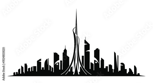 Sleek modern cityscape silhouette with a prominent central skyscraper against a white background.