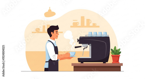 Barista prepares coffee drink with steam rising from espresso machine in modern cafe setting with plant