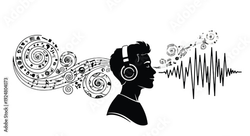 Young person immersed in music with swirling notes and sound waves emanating from headphones