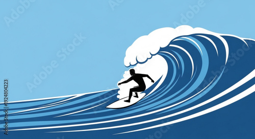 Surfer rides massive blue ocean wave with white foam sunny sky background action sports concept