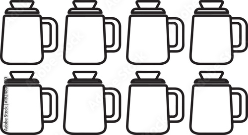 Nine black and white mugs arranged in a grid pattern on a white background. Vector