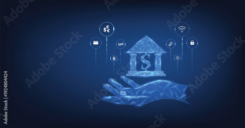 Online banking technology concept.Isometric illustration of bank on globe background. Digital connect system. Financial technology concept.	