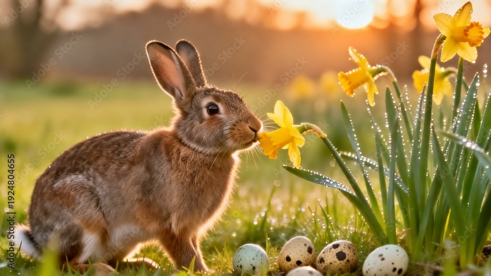 Fototapeta premium Generative AI illustration of a cute bunny in a spring garden at sunset with colorful Easter eggs