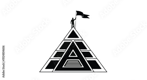 Silhouette of person standing atop a pyramid, holding a flag, symbolizing achievement and victory.