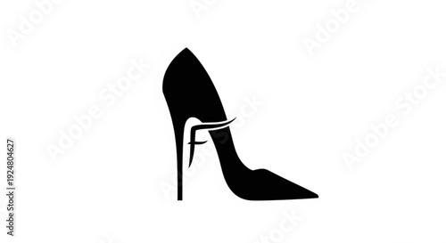 Black high heeled shoe with ankle strap and pointed toe on white background elegant fashion design