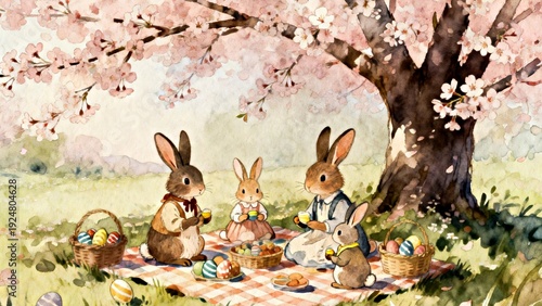 Watercolor painting of a bunny family having a picnic in a spring garden with Easter eggs, generative AI