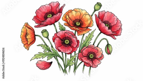 Hand Drawn Red and Orange Poppy Flowers Botanical Illustration