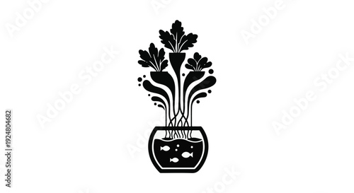 Whimsical illustration of plants and fish thriving together in a stylized bowl, symbolizing harmony and growth.