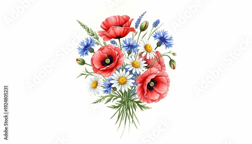 Wildflower Bouquet with Red Poppies, Daisies and Blue Cornflowers Illustration
