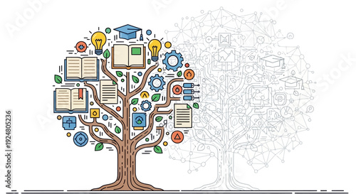 A colorful tree of knowledge transitions into a grayscale network diagram